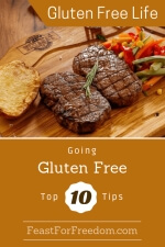 Pinterest mini image - Going gluten free to 10 tips with a steak and potato on a wooden platter