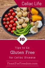 Pinterest mini image - 10 tips to go gluten free for Celiac disease with a platter of raw veggies