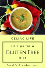 Pinterest mini image - 10 tips for a gluten free diet with a bowl of soup on a plate with a red napkin and yellow flowers