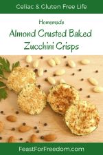 Pinterest mini image - Almond crusted zucchini side dish on a wooden platter garnished with parsley, whole almonds and peppercorns
