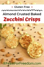 Pinterest mini image - Almond crusted zucchini side dish on wood platter with almonds and peppercorns for garnish