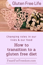 Pinterest mini image - Changing roles in our lives and our food, how to transition to a gluten free diet with a pink butterfly decoration and a bouquet of light pink flowers