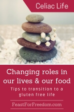 Pinterest mini image - Changing roles in our lives and our food, tips to transition to a gluten free life with a softly naturally colored stack of rocks with a sprig of white little flowers