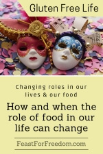Pinterest mini image - Changing roles in our lives and our food, how and when the role of food in our life can change with 2 softly colored masquerade masks