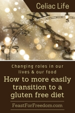 Pinterest mini image - Changing roles in our lives and our food, how to more easily transition to a gluten free diet with a festive and elegant clock face in soft brown and beige with twinkles and snowflakes