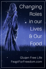 Pinterest mini image - Changing roles in our lives and our food with a night time blue and black drawing of a woman in a long dress