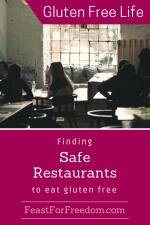 Pinterest mini image - Finding safe restaurants to eat gluten free with a trendy cafe with comfortable seating and tables with people enjoying themselves