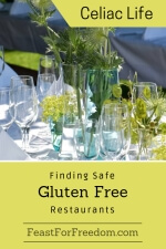 Pinterest mini image - Finding safe gluten free restaurants with an outdoor fancy dinner set up with glassware and flowers