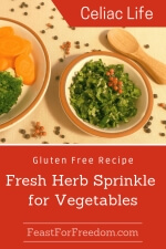 Pinterest mini image - Fresh herb sprinkle in a little dish garnished with tiny dried red peppers, next to a plate of vegetables
