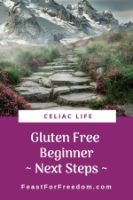 Pinterest mini image - Gluten free beginner next steps, with a mountain stone path with pink flowers and snowy mountains