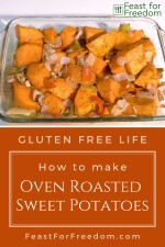 Pinterest mini image - Roasted sweet potatoes with onions and red pepper in a baking dish