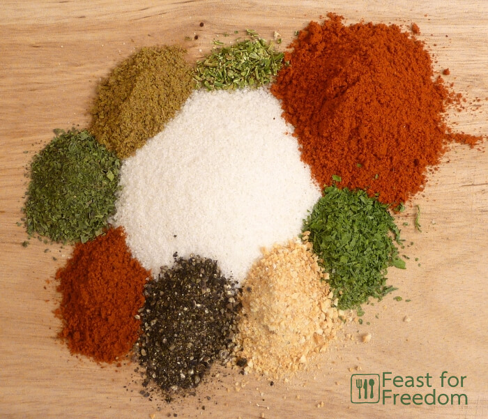The spices for ff seasoning in little piles on a cutting board