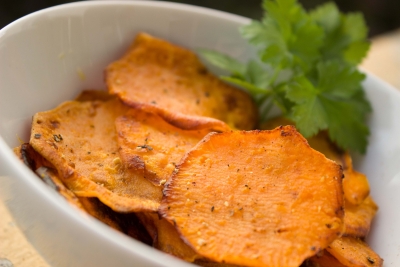 Yam potato chips in a white bowl